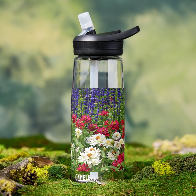 Zinnia and Blue Salvia Garden Floral Water Bottle (Outdoor)