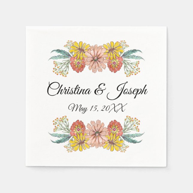 Zinnia Art Drawing - Custom Text Wreath Napkin (Front)
