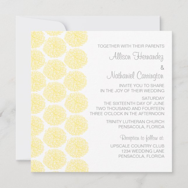 Zinnia Border Wedding Invite, Yellow Invitation (Front)