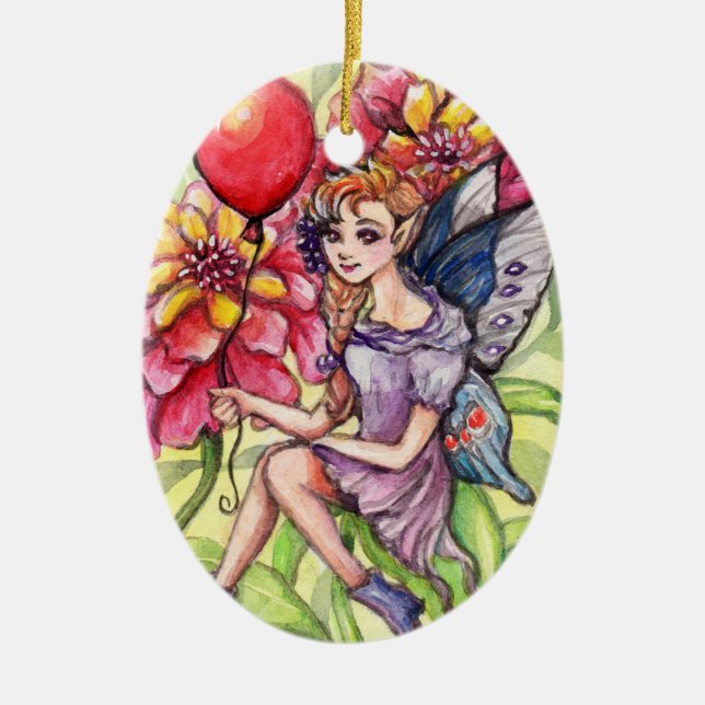 Zinnia Fairy with Red Balloon Ceramic Tree Decoration (Front)