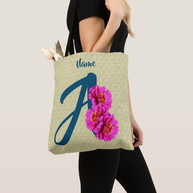 Zinnia Flowers Monogram Initial A Personalised Tote Bag (Close Up)