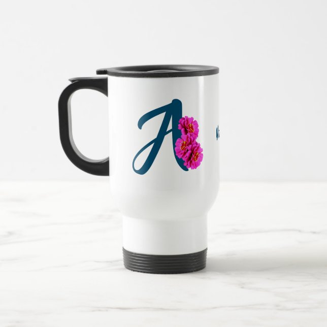 Zinnia Flowers Monogram Initial A Personalised Travel Mug (Left)