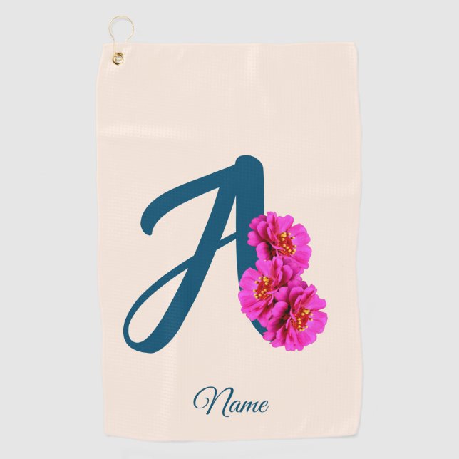 Zinnia Flowers Monogram Initial A Your Name Golf Towel (Front)