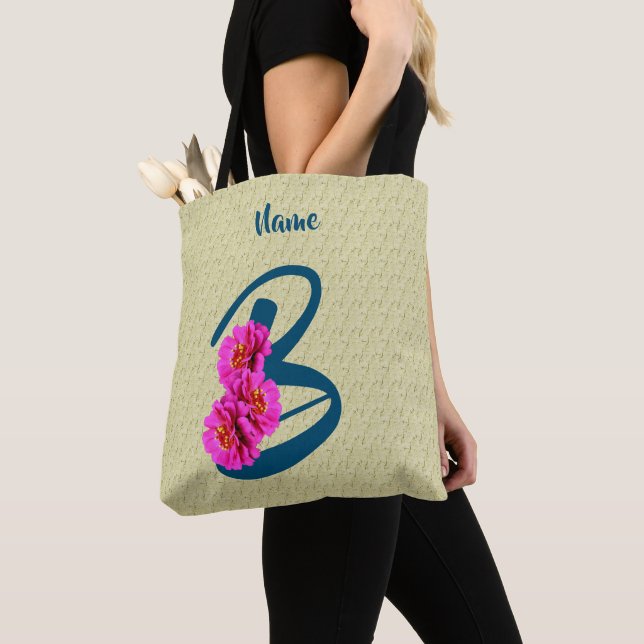 Zinnia Flowers Monogram Initial B Personalised Tote Bag (Close Up)