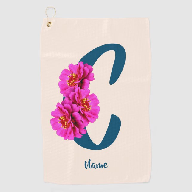 Zinnia Flowers Monogram Initial C Personalised Golf Towel (Front)