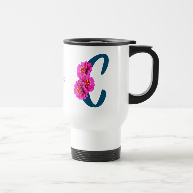 Zinnia Flowers Monogram Initial C Personalised Travel Mug (Right)