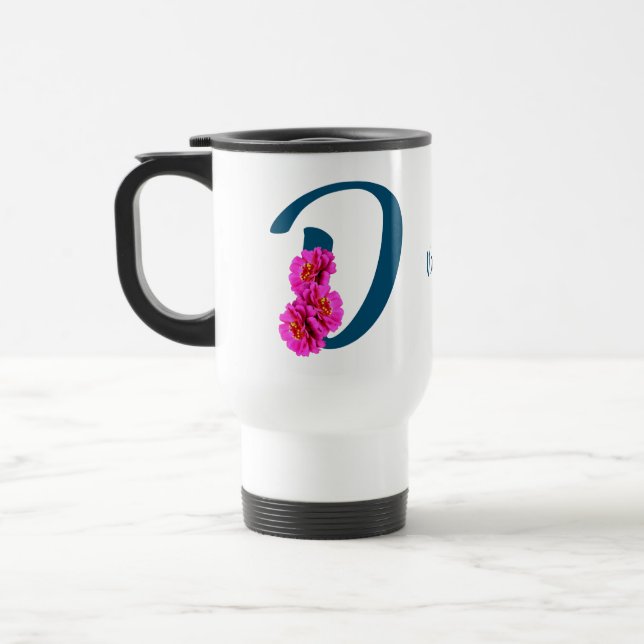 Zinnia Flowers Monogram Initial D Personalised Travel Mug (Left)