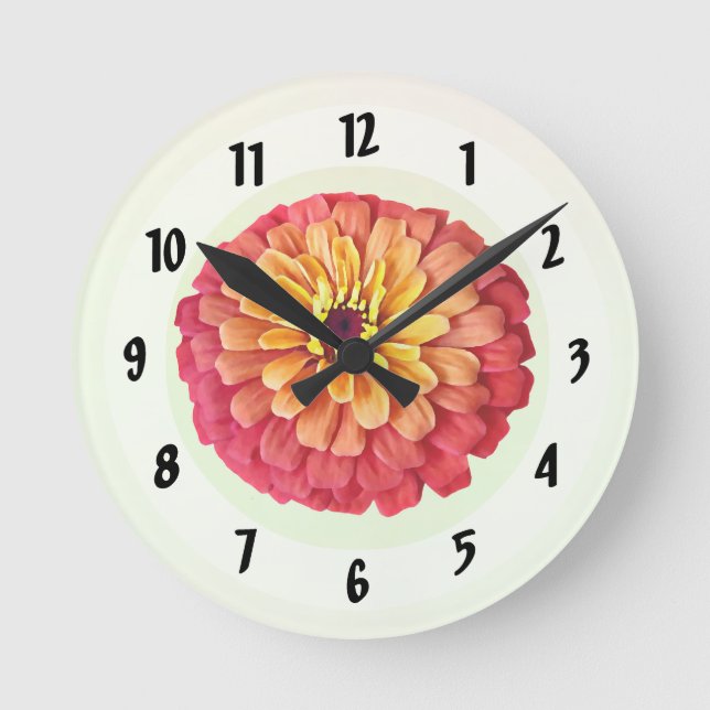 Zinnia in Shades of Orange Round Clock (Front)