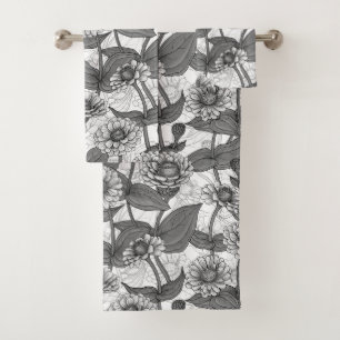 Zinnias, monochome on white bath towel set