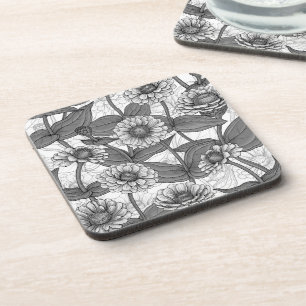 Zinnias, monochome on white coaster