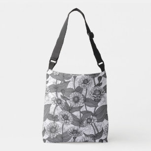 Zinnias, monochome on white crossbody bag