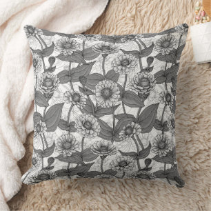 Zinnias, monochome on white cushion