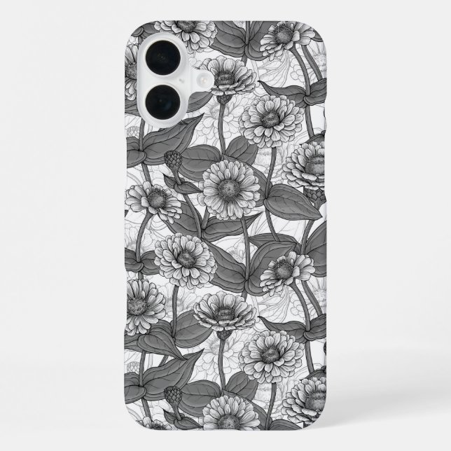 Zinnias, monochome on white iPhone case (Back)