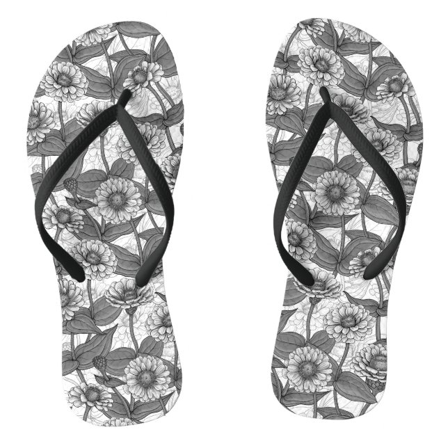 Zinnias, monochome on white jandals (Footbed)
