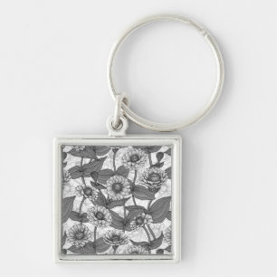 Zinnias, monochome on white key ring