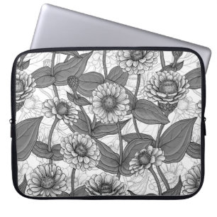Zinnias, monochome on white laptop sleeve