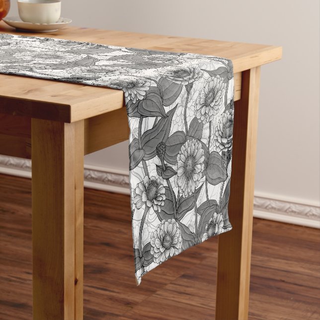 Zinnias, monochome on white short table runner (In Situ)