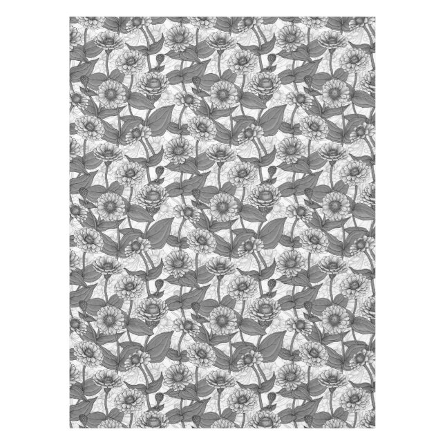 Zinnias, monochome on white tablecloth (Front)