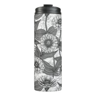 Zinnias, monochome on white thermal tumbler