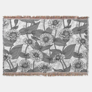 Zinnias, monochome on white throw blanket