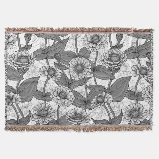 Zinnias, monochome on white throw blanket (Front)