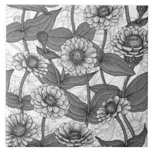 Zinnias, monochome on white tile