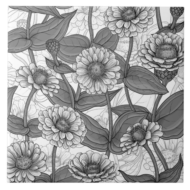 Zinnias, monochome on white tile (Front)