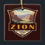 Zion National Park Illustration Retro Badge Ceramic Ornament<br><div class="desc">Zion vector artwork design. The park is a southwest Utah nature preserve distinguished by Zion Canyon’s steep red cliffs.</div>
