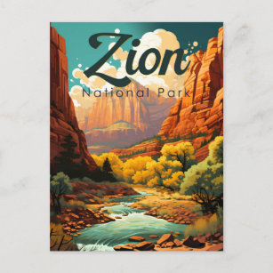 Zion National Park Illustration Retro Postcard