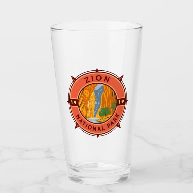 Zion National Park Retro Compass Emblem Glass (Front)