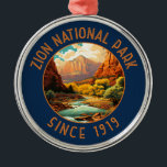 Zion National Park Retro Distressed Circle Metal Tree Decoration<br><div class="desc">Zion vector artwork design. The park is a southwest Utah nature preserve distinguished by Zion Canyon’s steep red cliffs.</div>