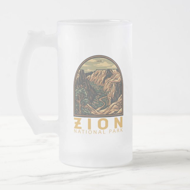 Zion National Park Retro Emblem Frosted Glass Beer Mug (Left)