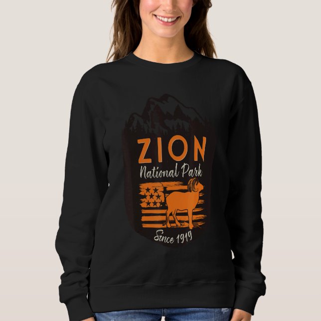Zion National Park US Flag Bighorn Sheep Mountains Sweatshirt (Front)
