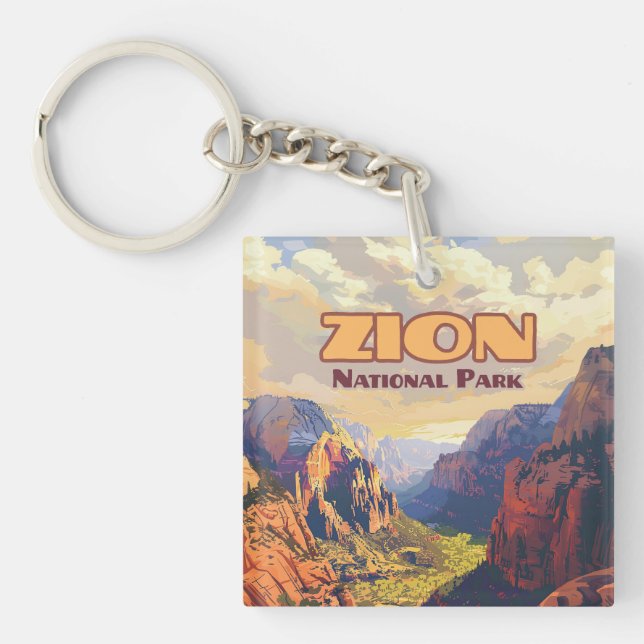 Zion National Park Utah Moab Canyon Retro Key Ring (Front)