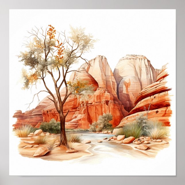 Zion National Park Watercolor Painting Poster (Front)