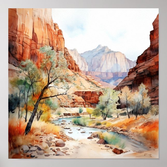Zion National Park Watercolor Painting Poster (Front)