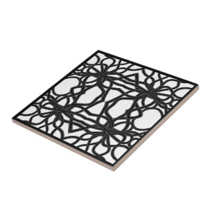Zip Tied Black On White Curvy Symmetrical Pattern  Tile