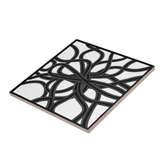Zip Tied Black On White Curvy Symmetrical Pattern  Tile (Side)
