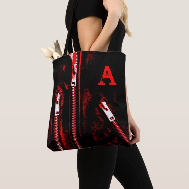 Zips Red print Monogram all over tote bag (Close Up)