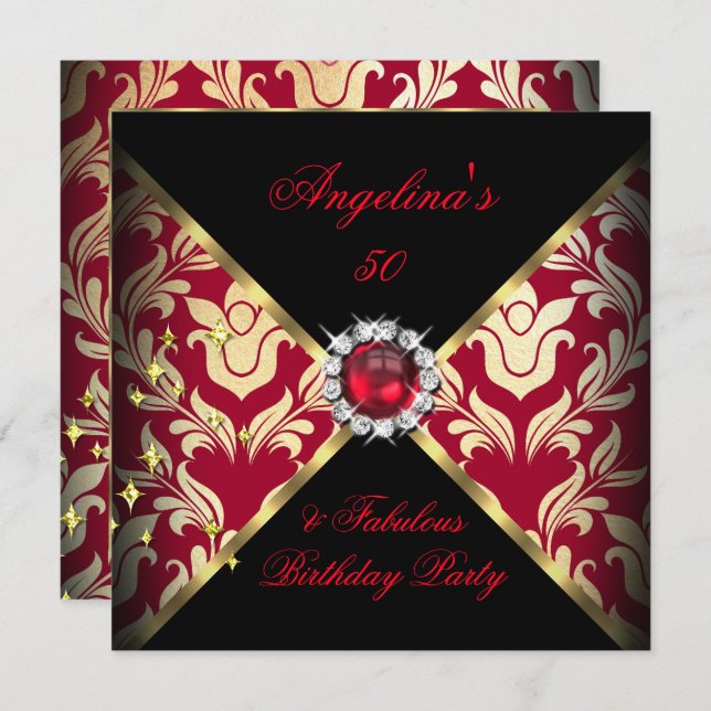 ZIZZAGO DESIGN Fabulous 50 Red Gold Damask Party Invitation (Front/Back)