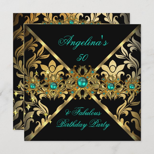 ZIZZAGO DESIGN Fabulous Jade Gold Damask Party 2 Invitation (Front/Back)