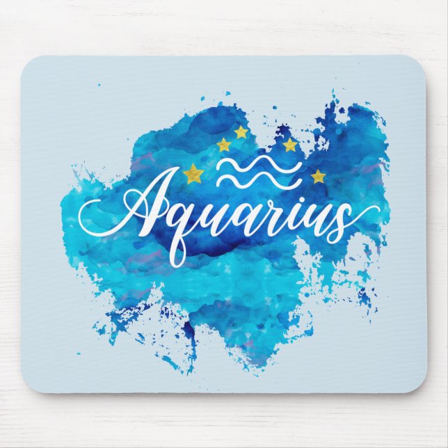 Zodiac Aquarius Blue Watercolor Gold Stars Mouse Pad (Front)