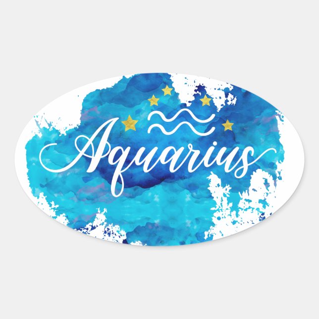Zodiac Aquarius Blue Watercolor Gold Stars Oval Sticker (Front)