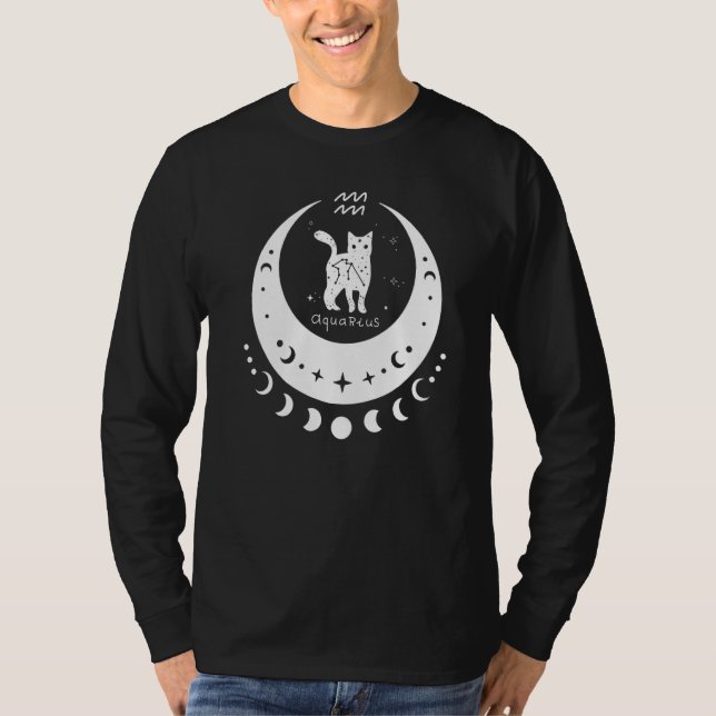 Zodiac Aquarius Horoscope Astrology Cat Crescent M T-Shirt (Front)