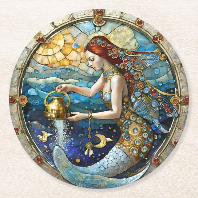 Zodiac - Aquarius The Water Bearer Mermaid Round Paper Coaster (Front)