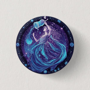 Zodiac Aquarius with Stars and Mystical Symbols 3 Cm Round Badge