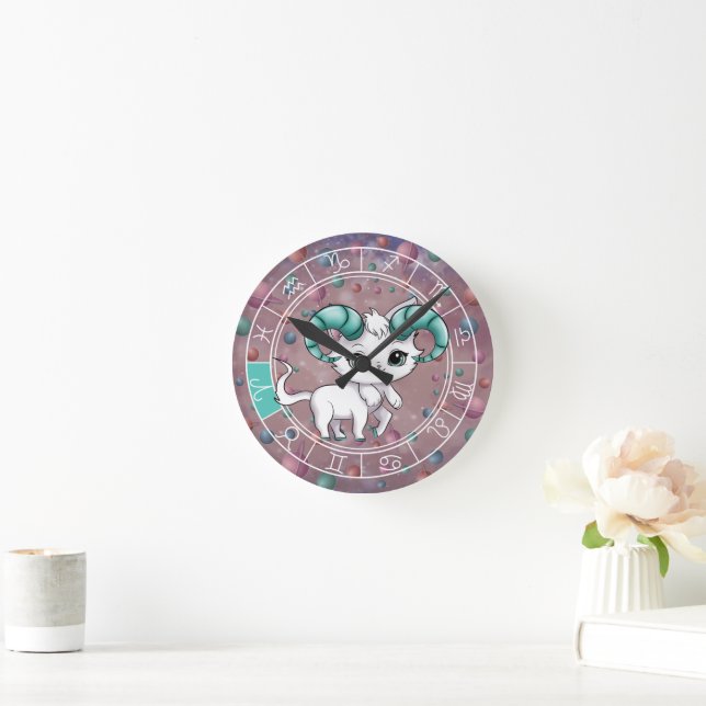 Zodiac Aries Cute Cat Wheel Planet Astrology Round Clock (Home)