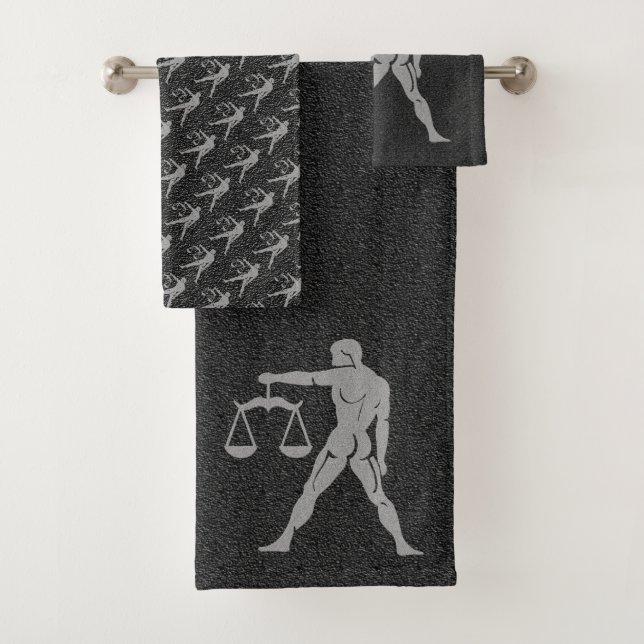 Zodiac Black and Grey Man Scale Star Sign Libra Bath Towel Set (Insitu)
