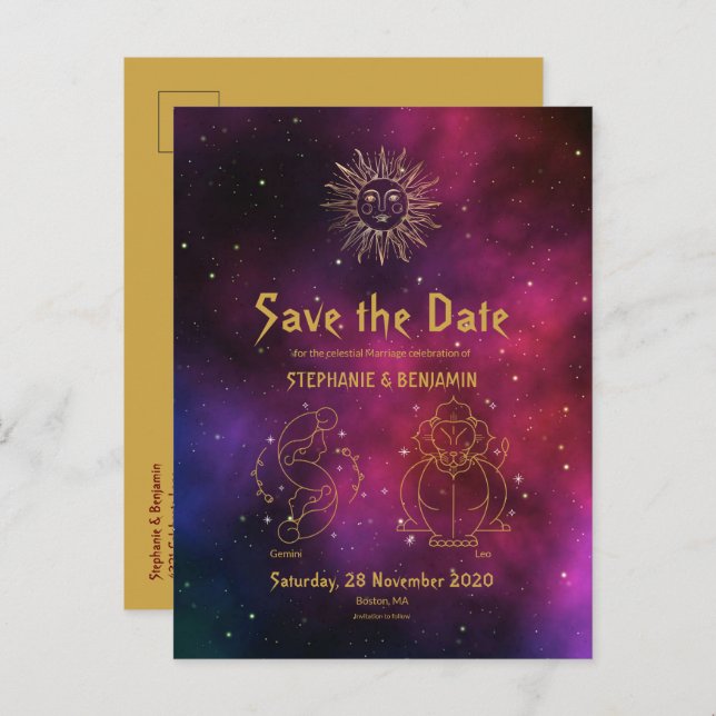 Zodiac Burgundy Gold Gemini/Leo Save the Date Announcement Postcard (Front/Back)