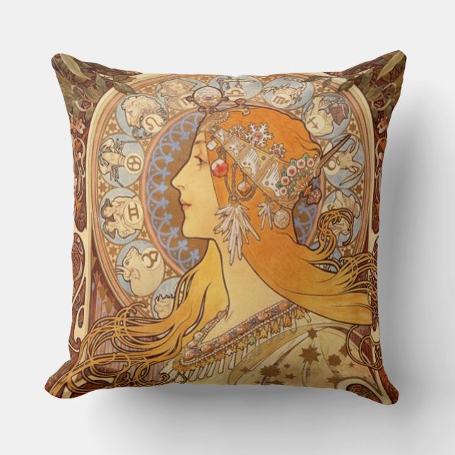 Zodiac by Alphonse Mucha Cushion (Front)